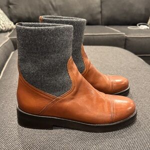 Brown Leather Ankle Boots with Gray Knit Cuff